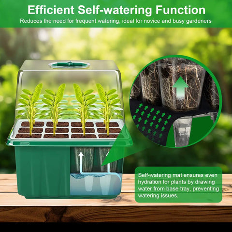 Self Watering Seed Starter Tray Kit With Grow Light And Timing Controller, No Fuss 6 Pack 72 Cell showing self-watering function