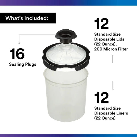 Pro Grade PPS Two Point Zero Paint Spray Cup System Disposable Refill Kit With Lids And Liners For Easy Measuring Filtering Mixing And Spraying Of Paint Materials All In One And Ready To Roll. 12 lids, 12 liners, 16 plugs