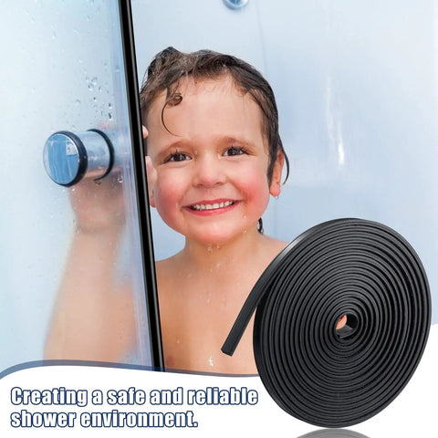 Magnetic Shower Door Seal Strip Replacement Roll, 134 Inches Long, shown next to a child in a shower.