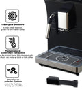 Skip The Line Top Tier Automatic Espresso Machine With Built In Bevel Gear Grinder And Fast Heating For Pulling Smooth Cafe Style Drinks Featuring One Touch Operation And 15 Bar Pump close-up showing 15 bar gold pressure feature and steam wand.