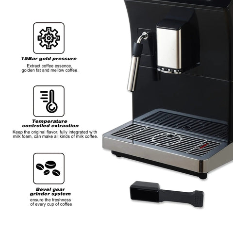 Skip The Line Top Tier Automatic Espresso Machine With Built In Bevel Gear Grinder And Fast Heating For Pulling Smooth Cafe Style Drinks Featuring One Touch Operation And 15 Bar Pump close-up showing 15 bar gold pressure feature and steam wand.