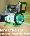 Close-up of Cordless Leaf Blower With 2x 5.0Ah Batteries And Charger 21V showing upgraded motor design for yard cleaning