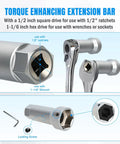 Torque enhancing extension bar from 10 Piece Wheel Stud Thread Repair Kit with 1-1/6 inch hex drive and 1/2 inch square drive