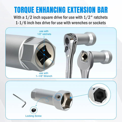 Torque enhancing extension bar from 10 Piece Wheel Stud Thread Repair Kit with 1-1/6 inch hex drive and 1/2 inch square drive