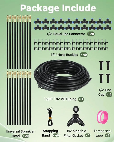 130 Ft Drip Irrigation Kit For Garden With 20 Adjustable Sprayers And One Quarter Inch Tubing components layout
