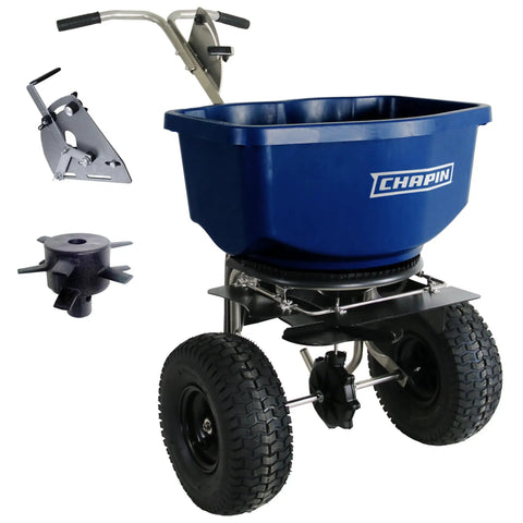 Walk Behind Rock Salt And Ice Melt Spreader With 100 Pound Poly Hopper, Weather Resistant Stainless Steel Frame, Enclosed Gearbox