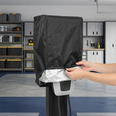 Tough As Nails EV Charger Station Cover Waterproof Rainproof Dustproof Universal Fit outdoor guard being secured on an EV charger.