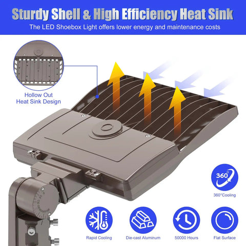 Diagram of 150W LED Pole Light Dusk To Dawn With Slip Fitter, highlighting heat sink features, 21000 Lumens, IP65, UL Listed