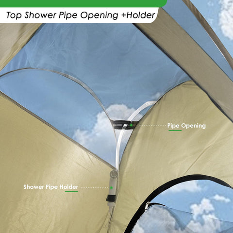 Top shower pipe opening and holder inside Easy Pop Up Camping Shower Tent With Privacy Changing Room For Outdoor Bathroom Army Green