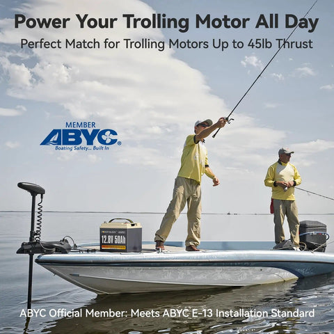 Fishermen using Ultra Lightweight 12V 50Ah LiFePO4 Battery With 50A BMS for trolling motor on a boat, perfect for marine adventures.