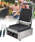 Premium Single Plate Electric Sandwich Press Grill With Grooved Non Stick Plates And Adjustable Heat Dial Up To 572 Degrees F for outdoor cooking.