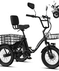Electric Tricycle For Adults Folding Fat Tire 3 Wheel E Trike With 500W Motor Removable 48V 10.4Ah Battery, black step-through frame with front and rear baskets