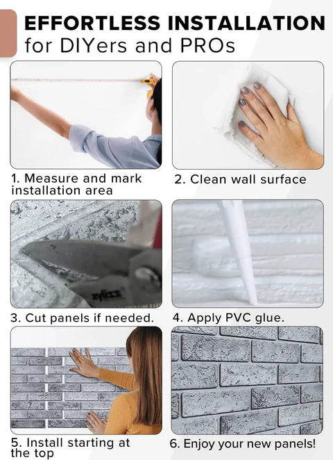 Steps for DIY installation of 3D Faux Brick PVC Wall Panel For Full Wall Coverage, Heat Scratch Moisture Resistant Finish