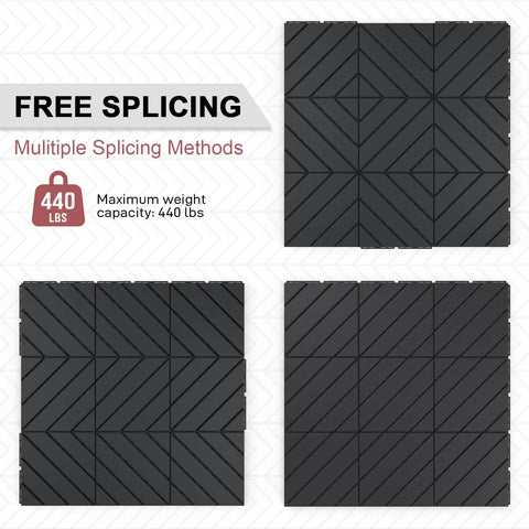 Interlocking 12x12 Outdoor Floor Tiles For All Weather Use, Waterproof Deck Tiles showing splicing methods in dark grey design.
