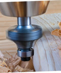 12 Piece Router Bit Bearing Accessory Kit with top mounted ball bearings in action on wood surface