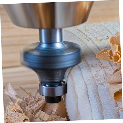 12 Piece Router Bit Bearing Accessory Kit with top mounted ball bearings in action on wood surface