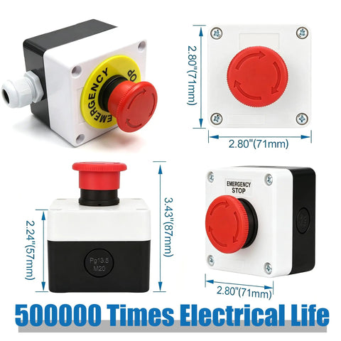 Red Mushroom Emergency Stop Button Switch 22mm 2NC Latching Estop 600V 10A, 40mm button head and dimensions shown