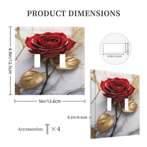 Vintage Red Rose Marble Toggle Plate Cover Built Tough With Rugged Abs To Dodge Scratches, showing dimensions and accessories.