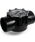 1.5 Inch Cpvc Pool Check Valve Spring Loaded At 5 Psi Locks Down Reverse Flow, black valve with clear top for plumbing protection.