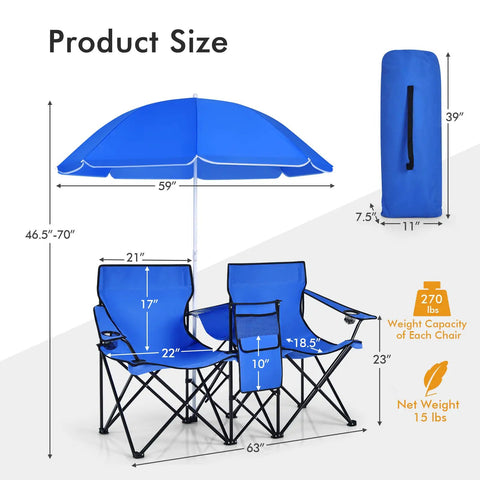 Grab And Go Double Portable Picnic Chair With Detachable Umbrella Built In Cooler Bag And Cup Holders dimensions display