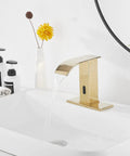 Automatic Sensor Touchless Bathroom Sink Faucet In Polished Gold With Drain Assembly And Vanity Mount Hands Free Waterfall Tap