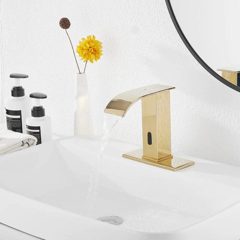 Automatic Sensor Touchless Bathroom Sink Faucet In Polished Gold With Drain Assembly And Vanity Mount Hands Free Waterfall Tap
