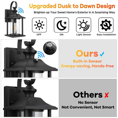Diagram showcasing Two Pack Dusk To Dawn Outdoor Wall Lanterns In Black Matte Aluminum, highlighting sensor design next to non-sensor model.