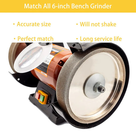 Sharpen Old Blades With This Badass CBN Grinding Wheel Built For Razor Precision Six Inch Face Width Half Inch Arbor Fits HSS Bits Lathe Chisels Woodturners And Standard Bench Grinders While Delivering Butter Smooth Cuts Zero Vibration Guaranteed, close-up of CBN grinding wheel on 6-inch bench grinder.