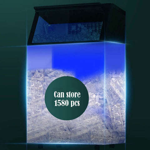 Stay Cool During Game Day Anytime With This Portable Countertop Nugget Ice Maker, showcasing blue LED and storage capacity of 1580 ice pieces.