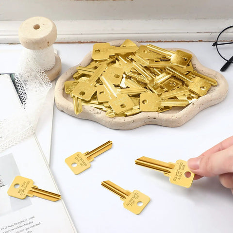 Bulk 50 Pcs Do Not Duplicate Metal Key Blanks For House Door Locks Gold SC4 Replacement Keys on ceramic tray