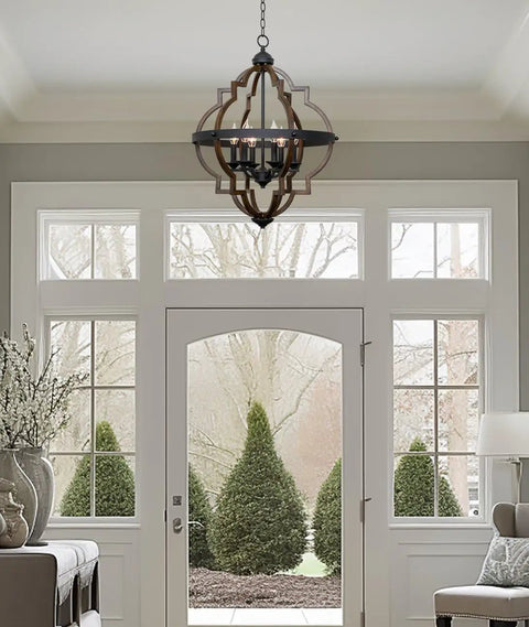 Capistrano 28 Inch Six Light Rustic Farmhouse Chandelier With Antique White Finish And Galvanized Steel Accents for bright entryway space
