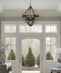 Six Light Rustic Farmhouse Chandelier With Walnut Wood Grain Metal Finish And Textured Black Accents in an elegant entryway