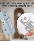 Close-up of Eight-Piece Sliding Closet Door Roller Hardware Kit with top hung bypass mount, focusing on metal roller component.