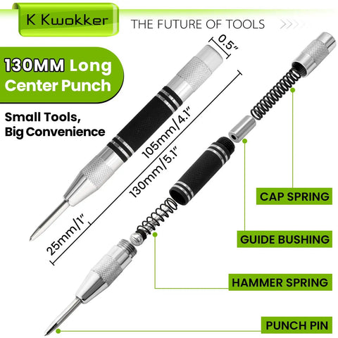 Heavy Duty Self Centering Hinge Drill Bit Set With A Quarter Inch Hex Shank And Tough As Nails Center Punch with spring mechanism