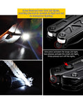 All In One Pliers And 12 In 1 Multitool With Dual LED Lights cutting wire and illuminating a rope, showing button operation.