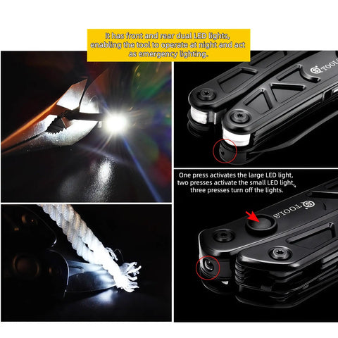All In One Pliers And 12 In 1 Multitool With Dual LED Lights cutting wire and illuminating a rope, showing button operation.