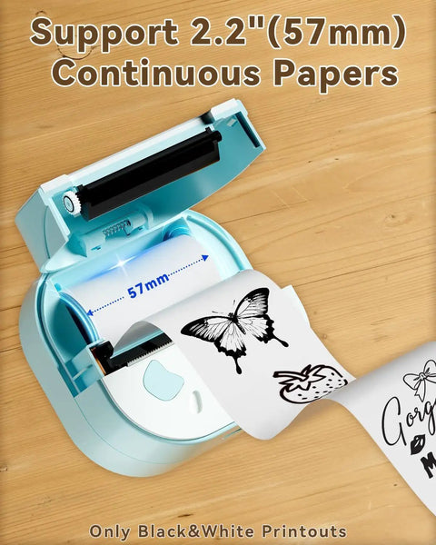 Bluetooth Sticker Printer Mini Portable Sticker Maker With 3 Roll Paper Inkless Thermal Printing For iPhone Notes And Journals DIY Crafts And Kids Gift On The Go, printing butterfly and strawberry stickers on 57mm paper.