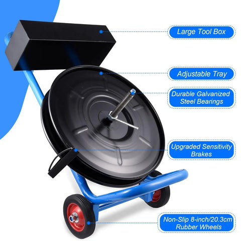 Heavy Duty Strapping Cart Dispenser For 16x16 And 8x8 Coils Movable Banding Machine With Brake System And Spacious Tray Keeps PET PP And Fiber Straps Neat And Ready To Roll Super Handy Easy Transport Cart, blue steel cart with tool box and tray