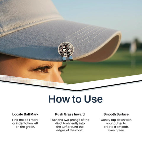 Dragon Golf Ball Marker With Hat Clip, Crystal Red Eye Design shown attached to cap, demonstrating how to use on the course.