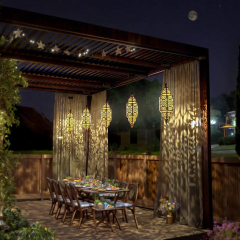Outdoor Hanging Solar Lantern Lights No Wiring Needed, Waterproof Metal Moroccan Style Garden Decor For Patio Pathway Yard Porch Backyard Gold Finish, Soft Warm Glow, 1 Pack
