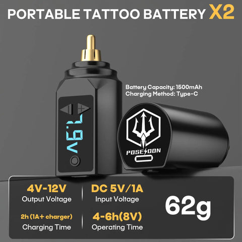 Portable tattoo battery from All-In-One Tattoo Pen Kit For Beginners With 2 Batteries, 20 Cartridge Needles, Practice Skins