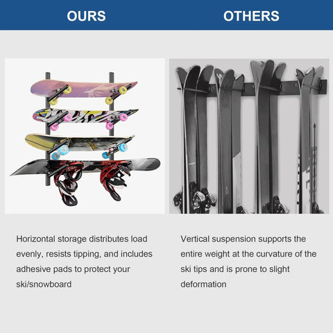 Heavy Duty Carbon Steel 4 Layer Skateboard Wall Mount Rack Snowboard Ski Display Holder with four boards mounted horizontally