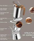 Exploded view of 12 Cup Moka Pot Stainless Steel Coffee Maker Stovetop Espresso Coffeemaker 304 Grade Uncoated Finish Built Tough Italian Classic Greca Style For Cafeteras Camping Travel Home 600ml 20oz showing components like spout, nylon handle, stainless steel filter, silicone gasket, and safety valve.