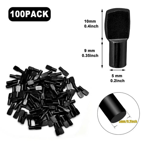 Heavy Duty 100 Pack Black Spoon Style Shelf Pins For Kitchen Cabinets And Home Bookshelves Snap Fit Adjustable Steel Pegs displayed on a white background.