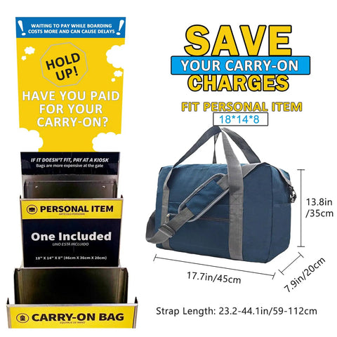 Underseat Carry On Duffle Bag 30L For Airplanes Foldable Travel Tote 18x14x8 Inches Navy Waterproof And Durable With Rugged Zippers