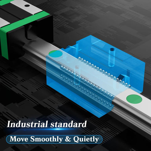 Close-up of X and Y Axis Linear Guide Rails Upgrade Kit for XE-PRO CNC Router with HG-15 Rails and sliding blocks for precision.