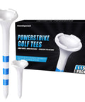 Two Size Golf Tees Pack 115 Count For Every Club With Three And A Quarter Inch And One And A Half Inch Tees Featuring Four Prong Low Resistance Design Oversized Heads Three Line Height Markings And Durable White Plastic Tees For Drivers Irons Hybrids image showing tees and packaging.