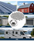 Ironclad Stainless Steel Metal Roof Screw Caps Lock Out Damp And Seal Worn Fasteners No Pull Backs For Barns Sheds Garages Rv Tops No Sweat Setup Stops Leaks Immediate Rust Guard All Season Shield Pack 100 displayed on various building types.