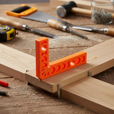 Lock Everything Down Dead Square With This 3 Inch Positioning Jig For Woodworking And Cabinet Assembly Makes Gluing Or Screwing No Sweat Captures Perfect Corners In Tricky Tight Spaces Super Handy For Quick Diy Projects In Bold Orange on wooden workpieces.