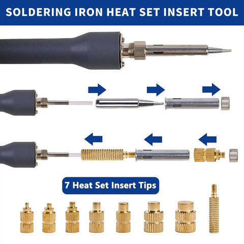 Digital Soldering Iron Heat Set Insert Tool Kit For Fast Workhorse Threaded Inserts In Plastic And 3D Printing shown with tips.